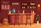 Bar or Pub at Evening with Alcohol Drinks Bottles, Bartender, Table, Interior and Chairs in Indoor Room in Illustration