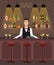Bar, pub interior flat vector illustration with bottles, glasses, cocktails. Man bartender at the bar with wine