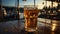 Bar table, outdoor pub, sunset drink, refreshing beer, wooden material generated by AI