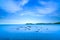 Baratti bay, small rocks in a blue ocean on sunset. Tuscany, Italy.