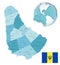 Barbados administrative blue-green map with country flag and location on a globe