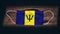 Barbados National Flag at medical, surgical, protection mask on black wooden background. Coronavirus Covidâ€“19, Prevent infection