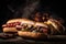 barbecue classic with smoke and flames, hot dogs, and buns