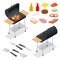 Barbecue design elements. Grill summer food. Picnic cooking device. Flat isometric illustration. Family weekend. BBQ is