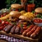 Barbecue feast Variety of fast food, juicy burgers, hotdogs