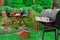 Barbecue Grill Appliance With Tools And BBQ Party Sign