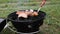 Barbecue grill. Close-up. Sometimes a man turns the meat on the grill. The concept of delicious food and outdoor recreation