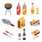 Barbecue grill cooking meat steak picnic nature party isometric flat design icons set vector illustration