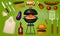 Barbecue grill elements set isolated on red background. BBQ party. Summer time. Meat restaurant at home. Charcoal kettle