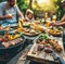 barbecue with grill, friends, beer and food at summer picnic.