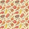 Barbecue and Grill Hand Drawn Seamless Background with Steak, Meat, Fish and Vegetables. Picnic Party Pattern
