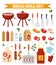 Barbecue and grill icons set, flat or cartoon style. BBQ collection of objects, elements of design. Isolated on white