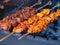 Barbecue grilled assorted sweet savory delicious with meat pork vegetables and fruit on grill BBQ.