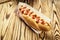 Barbecue Grilled Hot Dog with sauce,Hot Dog With Yellow Mustard,Onion,Pickles and French Fries,Tasty hot-dogs with vegetables on