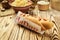 Barbecue Grilled Hot Dog with sauce,Hot Dog With Yellow Mustard,Onion,Pickles and French Fries,Tasty hot-dogs with vegetables on