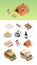 Barbecue isometric. Picnic table bbq steak camper van product party on nature fire and tent vector pictures set