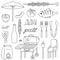 Barbecue items. Sketch. Picnic rest vector illustration collection.