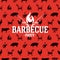 Barbecue logo on red seamless pattern, vector illustration