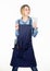 Barbecue master. Grilling food. Woman checkered shirt and apron for cooking white background. Cooking meat at low