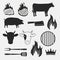 Barbecue objects set isolated on white background. Animal silhouettes, fire flames and grill items. vector design elements.