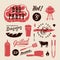 Barbecue Party Vector Retro Labels or Symbols. Meat and Beer Icon Typography Pattern. Steak, Sausage, Grill Signs.