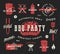 Barbecue Party Vector Retro Symbol Set. Meat and Beer Icon Typography Pattern. Steak, Sausage, Grill Signs. Red on Dark