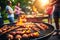 Barbecue Picnic on Blurred Background, Friends BBQ Party Outdoors, Generative AI Illustration