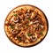 Barbecue Pork Pizza On Round Wooden Board Plate On White Background Directly Above View