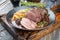 Barbecue roast boar joint with roesti and game red wine sauce
