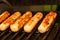 Barbecue row chicken sausages ready delicious closeup background culinary pattern