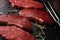 Barbecue rump Steak, dry Aged Steak on rustic background