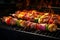 Barbecue skewers meat kebabs with vegetables on flaming grill