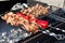 Barbecue skewers meat kebabs with vegetables on grill.