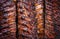 Barbecue spare ribs St Louis cut with hot honey chili marinade offered as top view close-up and food texture - des