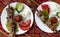 Barbecue on a table covered with a tablecloth in the national Tatar style