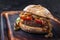 Barbecue Wagyu Hamburger with onions and tomatoes on a rustic wooden cutting board