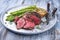 Barbecue Wagyu Sirloin Steak with green Asparagus and Mushroom Cap on a modern design plate