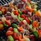 Barbecued food, beef with vegetables skewers