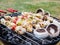 Barbecuing chicken, vegetables and champignon