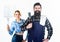 Barbecuing common technique. Essential barbecue dishes. Bearded hipster and girl hold cooking grilling utensils white