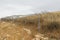 Barbed tape or razor wire fence across the desert hill on cloudy day