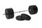 Barbell with chrome handle and black plates in front on floor on white background, sport, fitness, exercise or weightlift concept