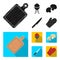 Barbeque grill, champignons, knife, barbecue mitten.BBQ set collection icons in black,flat style vector symbol stock