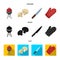 Barbeque grill, champignons, knife, barbecue mitten.BBQ set collection icons in cartoon,black,flat style vector symbol