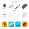 Barbeque grill, champignons, knife, barbecue mitten.BBQ set collection icons in flat,outline,monochrome style vector