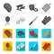 Barbeque grill, champignons, knife, barbecue mitten.BBQ set collection icons in monochrome,flat style vector symbol