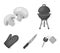 Barbeque grill, champignons, knife, barbecue mitten.BBQ set collection icons in monochrome style vector symbol stock