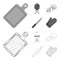 Barbeque grill, champignons, knife, barbecue mitten.BBQ set collection icons in outline,monochrome style vector symbol