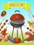 Barbeque picnic party poster meat steak roasted on round hot barbecue grill vector illustration. Bbq in park, banner