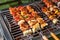 Barbeque skewers meat with vegetable grilling on charcoal bbq grill in backyard